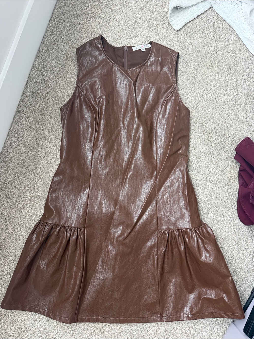 Joy joy Sleeveless Faux Leather Brown Drop-Waist Dress